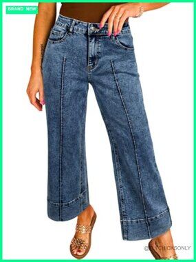 High Waisted Wide Leg Cropped Ankle Denim Jeans Tummy Control Stretch